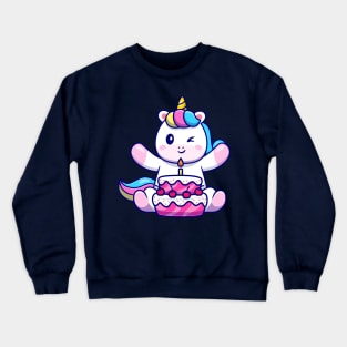 Cute Unicorn With Birthday Cake Cartoon Crewneck Sweatshirt